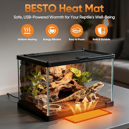 Besto 2 Pack Reptile Heat Pad, USB Powered Under Tank Terrarium Heating Mat (4"x7" 4W + 6"x8" 8W) Waterproof Reptile Heater for Turtle, Lizard, Hermit Crab, Frog, Snake, Small Mammals