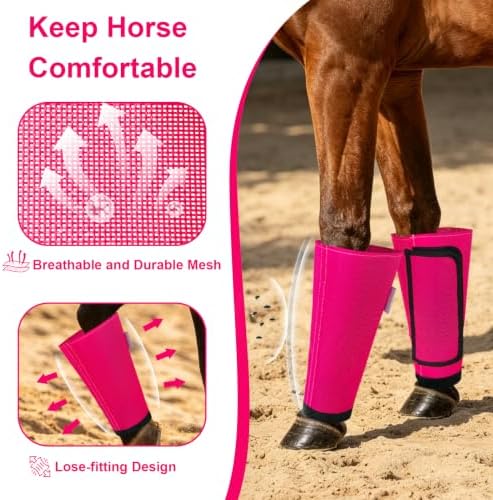 Fly Boots for Horses Set of 4, Equine Loose Fitting Leggings (Magenta)