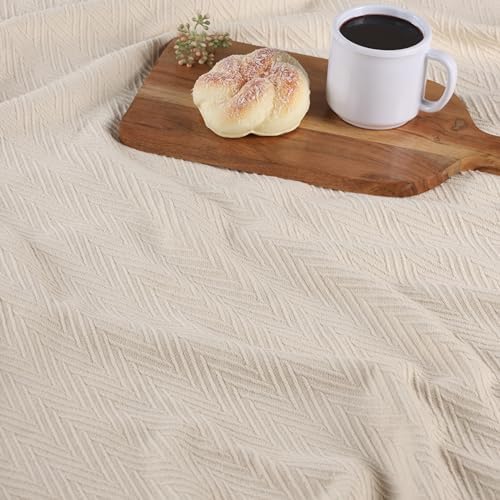 Superior Metro All-Season Cotton Blanket, Woven Blanket for Couch, Bed, Bedding, Farmhouse, Home Essentials, Cute and Cozy Bohemian Blankets, Herringbone Weave, Twin Size, Ivory