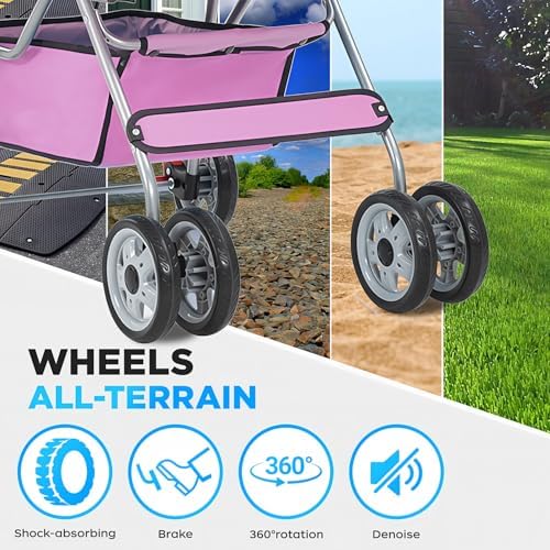 BestOffice Pet Stroller for Small Medium Dogs & Cats, 4-Wheel Foldable Dog Stroller with Cup Holder, Lightweight Travel Carrier, Waterproof Design for Outdoor Walks, Pink