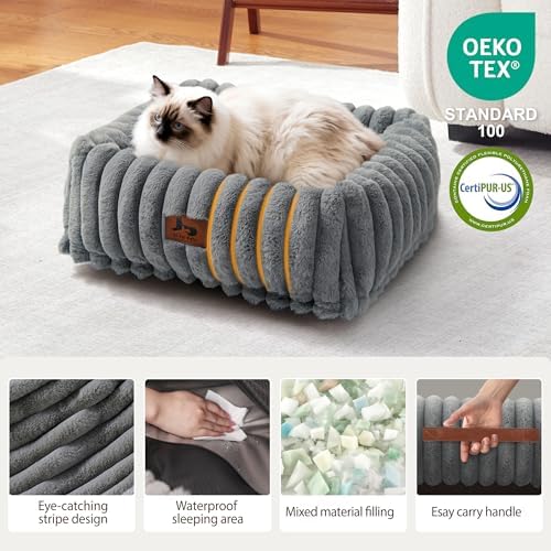 Cute Dog Bed for Small Dogs & Cats,Washable Fluffy Cat Beds for Indoor Cats, Rectangle Orthopedic Memory Foam Puppy Beds with Anti-Slip Bottom, 20 x19 x 7 Inches, Grey (20x19x6 inches)