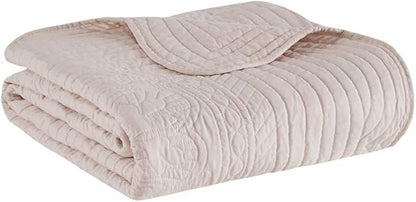 Madison Park Luxe Quilted Throw Blanket - Damask Stitching Design, Cotton Filled Spread, Ultra Soft, Cozy Bedding for Living Room Couch, Sofa, Bed, 60x72", Scalloped Borders Blush