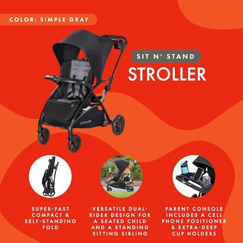 Baby Trend Sit N' Stand 2.0 5-in-1 Double Stroller with Bench, Simple Grey