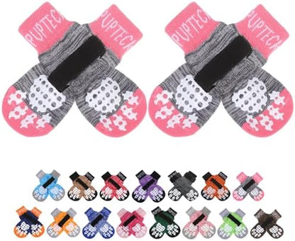 PUPTECK Anti-Slip Dog Socks with Double Sides Grips for Small Medium Large Dogs Hardwood Floors Prevents Licking, Dog Shoes for Hot Pavement Traction Control for Senior Dogs, Grey&Pink M