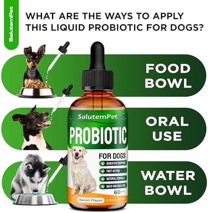 Probiotics for Dogs | Liquid Probiotics for Dogs and Puppies | Prebiotic & Digestive Enzymes | Gut Flora Support and Digestive Care | Bacon Taste | 2 Oz