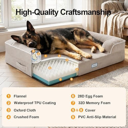 OhGeni Orthopedic Extra Large Dog Bed Couch, Memory Foam, 44-inch (Beige)