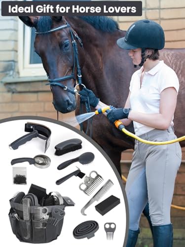 Horse Grooming Kit 12 Pieces Set – Complete Horse Brushes & Care Supplies Set with Organizer Tote Bag, Equine Coat Grooming Tools, Tack Room Equipment & Gifts for Horse Owners & Lovers