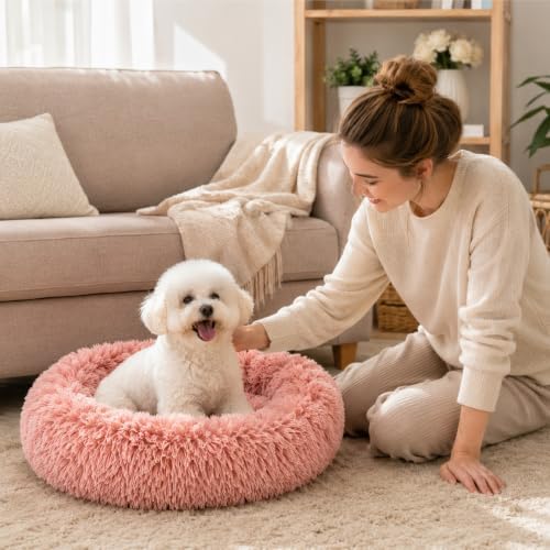 Cat Beds for Indoor Cats, Round Fluffy Cute Small Cat Bed, Washable Anti-Slip Donut Pet Bed, Round Dog Bed for Small Pets (Pink)