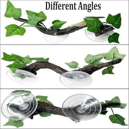 PINVNBY Reptile Corner Branch Resin Climb Tree Branch Decor with Leaves Terrarium Plant Decoration with Suction Cup Gecko Plant Ornament for Amphibian Lizard Snake Climbing (1 Pcs)