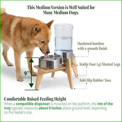 Dog Water and Food Dispenser Stand for Medium Dogs - Adjustable, Bamboo