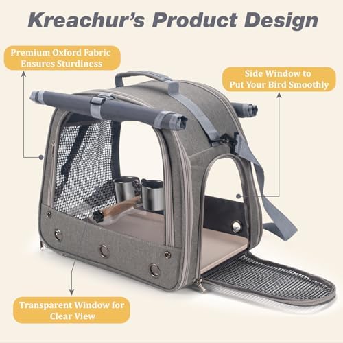 Bird Carrier Parrot Travel Cage with Perch, Food Bowl, Tray and Breathable Clear Window, Bird Travel Bag for African Gray Cockatiel Caique Conure Quaker, for Vetting Camping Hiking (Gray)