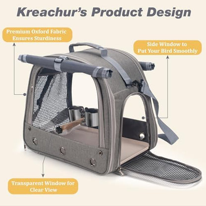 Bird Carrier Parrot Travel Cage with Perch, Food Bowl, Tray and Breathable Clear Window, Bird Travel Bag for African Gray Cockatiel Caique Conure Quaker, for Vetting Camping Hiking (Gray)