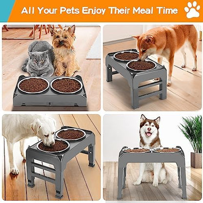 Elevated Bowls, 4 Height Adjustable Raised Stand With 2 Thick 50oz Stainless Steel Food Bowls, Non-Slip Feeder for Large Medium Dogs, Adjusts to 3.7", 9.2", 10.75", 12.36" Grey