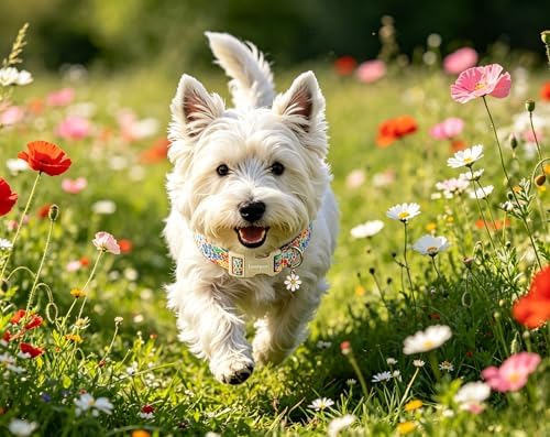 Lionet Paws Floral Dog Collar Summer Wildflowers Cosmos Corn Poppy Collars with White Daisies Pattern Pendant - Female Girl Dog Collar for Small Medium Large Dogs S