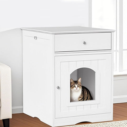 Large Wood House for Cats Litter Box Enclosure Furniture Hidde Out Box with Cabinet Drawer Indoor Pet House Side Table Wooden Crate (White)