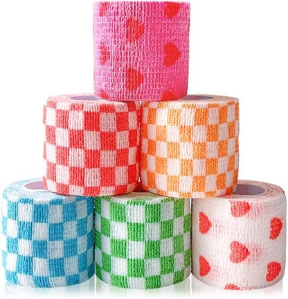 6 Pack 2 Inch x 5 Yards Checkered and Heart Print Pet Vet Wrap for Dogs, Cats, Horses, Non-Woven Self-Adhesive Cohesive Bandage Rolls for Wound Care, Ankle Sprains, Swelling, First Aid Protection