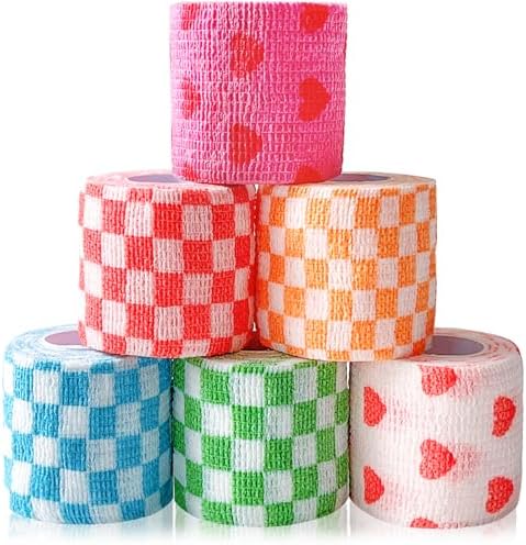 6 Pack 2 Inch x 5 Yards Checkered and Heart Print Pet Vet Wrap for Dogs, Cats, Horses, Non-Woven Self-Adhesive Cohesive Bandage Rolls for Wound Care, Ankle Sprains, Swelling, First Aid Protection