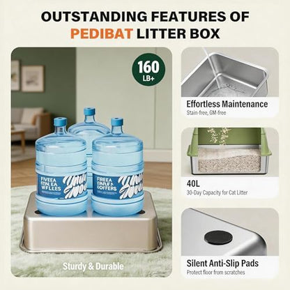 Extra Large Enclosed Stainless Steel Litter Box with lid，Front Entry Top Exit High Sided Metal cat Litter Pan，Non-Stick Easy Cleaning Anti-Urine Leakage for Big Cats，Includes Mat, Scoop & Step, Green
