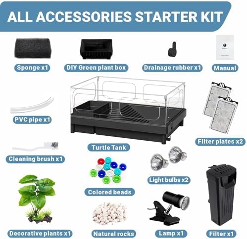GOZILLA Small Turtle Tank Kit(Tank+Lamp+Filter), Acrylic Turtle Starter Kit with Adjustable Lamp, Reptile Habitat and Terrarium with Multi-Functional Areas for Small Reptiles. (Black Kit)