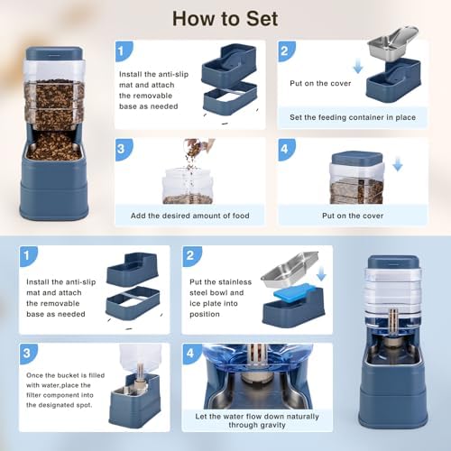 2 Pack Automatic Cat Feeder and Water Dispenser 1.3Gallon Dog Gravity Food Feeder and Water with Ice Pack Stainless Steel Dry Food and Waterer Bowl for Small Medium Large Pets (Blue)