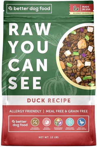 A Better Treat | Allergy Friendly Duck Dry Dog Food | Raw You Can See | No Chicken, Duck Only Animal Protein, No Meal Ingredients, Grain Free | Stomach Soothing Kibble + Freeze Dried Raw Dog Food
