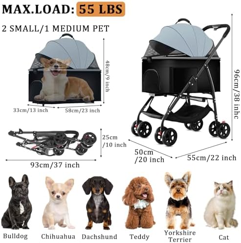 3 in 1 Pet Stroller for Dogs Cats Foldable Jogger with Detachable Carrier