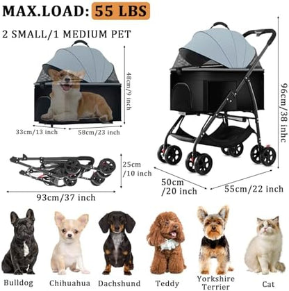 3 in 1 Pet Stroller for Dogs Cats Foldable Jogger with Detachable Carrier