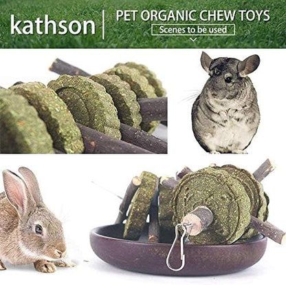 kathson 4PCS Bunny Chew Toys for Teeth Grinding, Chinchilla Treats Organic Bamboo Sticks Natural Fruitwood Branches for Rabbits Guinea Pigs Hamsters (Fruitwood Sticks+Alfalfa Cakes)