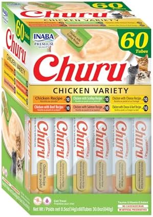 INABA Churu Cat Treats, Lickable, Squeezable Creamy Purée Cat Treat with Green Tea Extract & Taurine, 0.5 Ounces Each Tube, 60 Tubes, Chicken Variety Box
