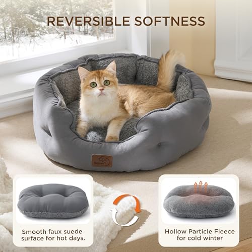Bedsure Self Warming Cat Bed,Round Washable Small Dog Bed, 20In Grey