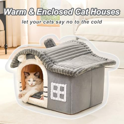 Jiupety Bear Cat Houses for Indoor Cats, Chimney Cute Cat Bed Cave, Enough Interior Space, Cartoon Soft Pet House Up to 3-10 lbs Kitten, Gray