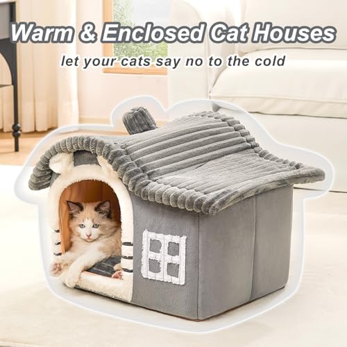 Jiupety Bear Cat Houses for Indoor Cats, Chimney Cute Cat Bed Cave, Enough Interior Space, Cartoon Soft Pet House Up to 3-10 lbs Kitten, Gray
