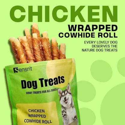 Chicken Wrapped Cowhide Rolls for Dogs - 10 Oz (285g) Savory Jerky Dog Treats, Long Lasting Rawhide Chews for Training Reward & Dental Health, High Protein Dog Snacks for All Breeds