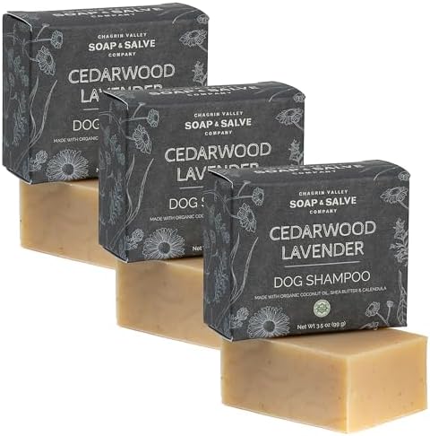 Chagrin Valley Soap & Salve Organic Dog Shampoo and Conditioner - Puppy Shampoo Itchy Skin Relief and Puppy Essentials - Natural Handmade Cedarwood Lavender, 3.8 oz Bar Soap 3-PK