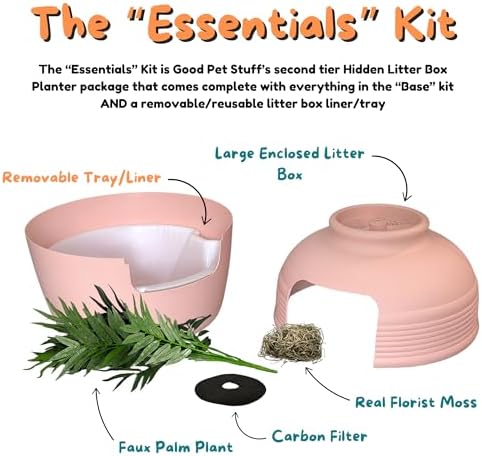 Good Pet Stuff Original Hidden Litter Box Planter, Decorative Cat Litter Enclosure, Carbon Filter, Faux Plant, Easy to Clean, Round Design, Removable Tray, Essentials Kit, Palm Plant, Blush Coral