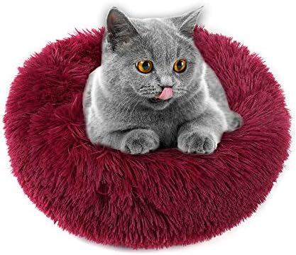 otoez Kitten Puppy Bed Extra Small XS Round Dog Cat Beds Anti Anxiety Plush Pet Calming Donut Bed with Non-Slip Waterproof Bottom, Washable (15.7", Dark Red)