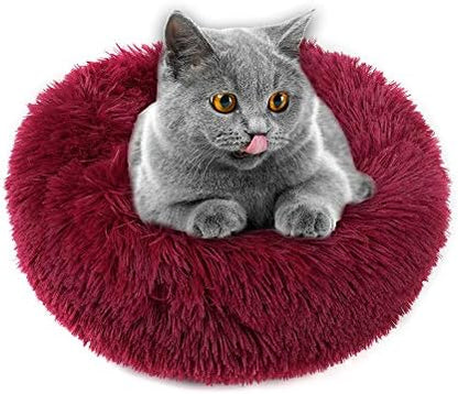 otoez Kitten Puppy Bed Extra Small XS Round Dog Cat Beds Anti Anxiety Plush Pet Calming Donut Bed with Non-Slip Waterproof Bottom, Washable (15.7", Dark Red)