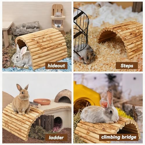 Large Bunny Wooden Hideout Bridge,Flexible Rabbit Tunnel Wood Small Animal Chew Climbing Toys Ladder Ramp Hut for Guinea Pig, Chinchillas, Hedgehogs, Ferrets, Rat(15.74 x 11.0 in)