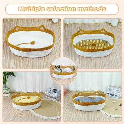 Cat Rope Basket, Handwoven Cat Beds with Plush Cushion