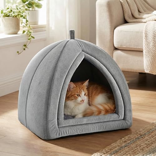 Amazon Basics Cat Cave Bed, 2-in-1 Foldable House for Indoor Cats, with Washable Cushion and Non-Slip Base, 15 x 15 Inches, Small, LightGray