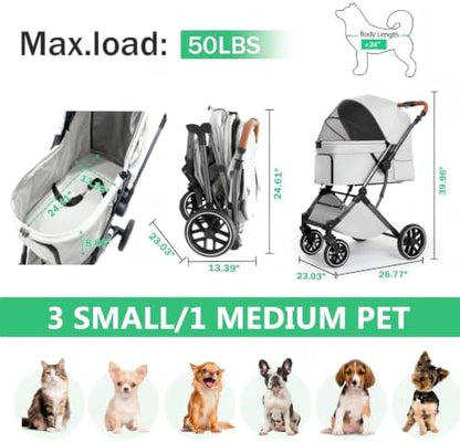 Pet Stroller for Small/Medium Dogs & Cats Up to 50 lbs, 4-Wheel One-Click Foldable Pet Stroller with Reversible Handle, Removable Pad, Cup Holder and Storage Basket (Grey)