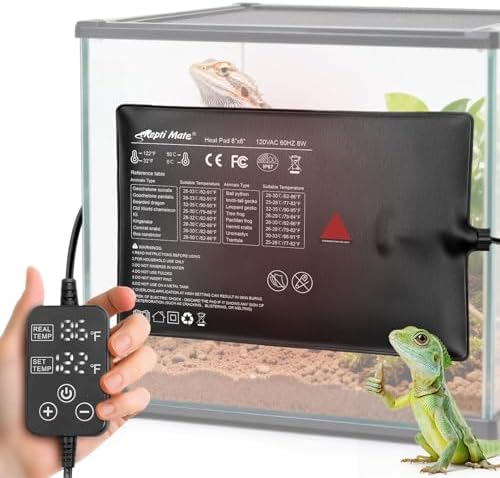 Reptile Heating Pad with Internal Sensor&Thermostat, 8" x 6" 8W Under Tank Heater Mat for 10-20 Gallon Tanks, IP67 Waterproof Safe Heat for Turtles, Bearded Dragons, Snakes, Lizards and Seedling
