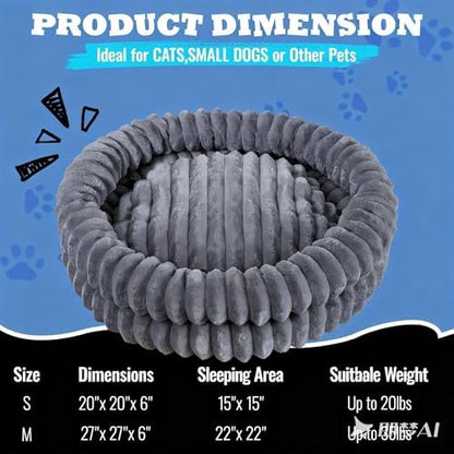 Washable Cat Bed Donut Dog Beds for Small Dogs with Corduroy Fleece Super Soft Pet Bed for Puppy and Kitten,20 * 20 * 6",Grey