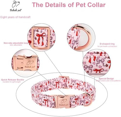 Pink Dog Collar for Female Large Dogs - Cute Bow Pattern Girl Dog Collar for Spring Summer, Adjustable Heavy Duty Pet Valentines Collars with Metal Buckle XL
