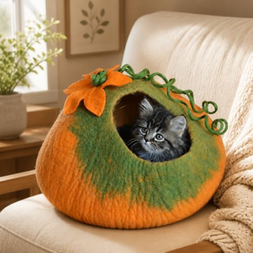 Cat Cave Bed, Orange Green Handmade Felted Merino Wool, Large Covered and Cozy, Also Perfect for Kittens, Includes Bonus Catnip, Original Cat Caves, (Radiant Realm)