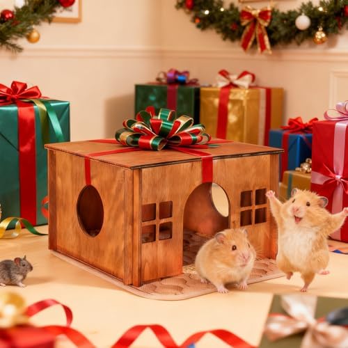 Wooden Guinea Pig Hideout, Small Animal Houses Habitats,Large Hideout House for Small Rabbit Chinchilla Gerbil, Sturdy Hamster Hideout Bed Hutch Bunny Cage