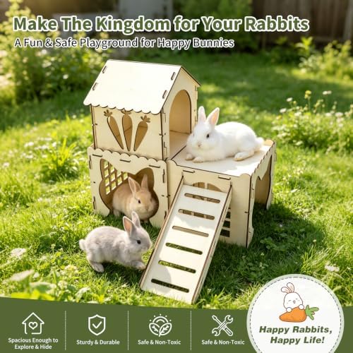 Rypet Extra Large Wooden Rabbit Castle, Bunny House Hideout with Stairs