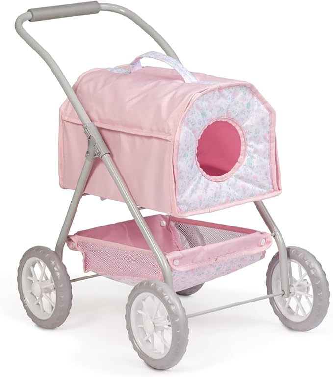 JC Toys - Berenguer Boutique | Deluxe Folding Pet Stroller | Pink Floral Collection | Removable Pet Carrier for Dolls and Plush | Ages 3+