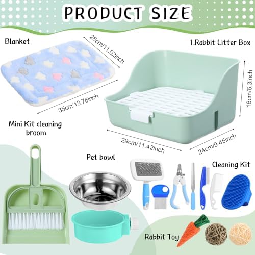 Reallnaive 15 Pcs Rabbit Starter Kit Small Rabbit Litter Box Girls Gift Animal Grooming Kit Bunny Toys Bowl Blankets with Cleaning Set for Guinea Pig Accessories(Green)