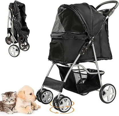 4-Wheel Pet Stroller for Small Dogs and Cats, Up to 33 lb, Black